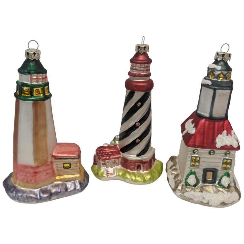 Lighthouse Glass Christmas Ornaments 6" Tall Large Nautical Holiday Set of 3